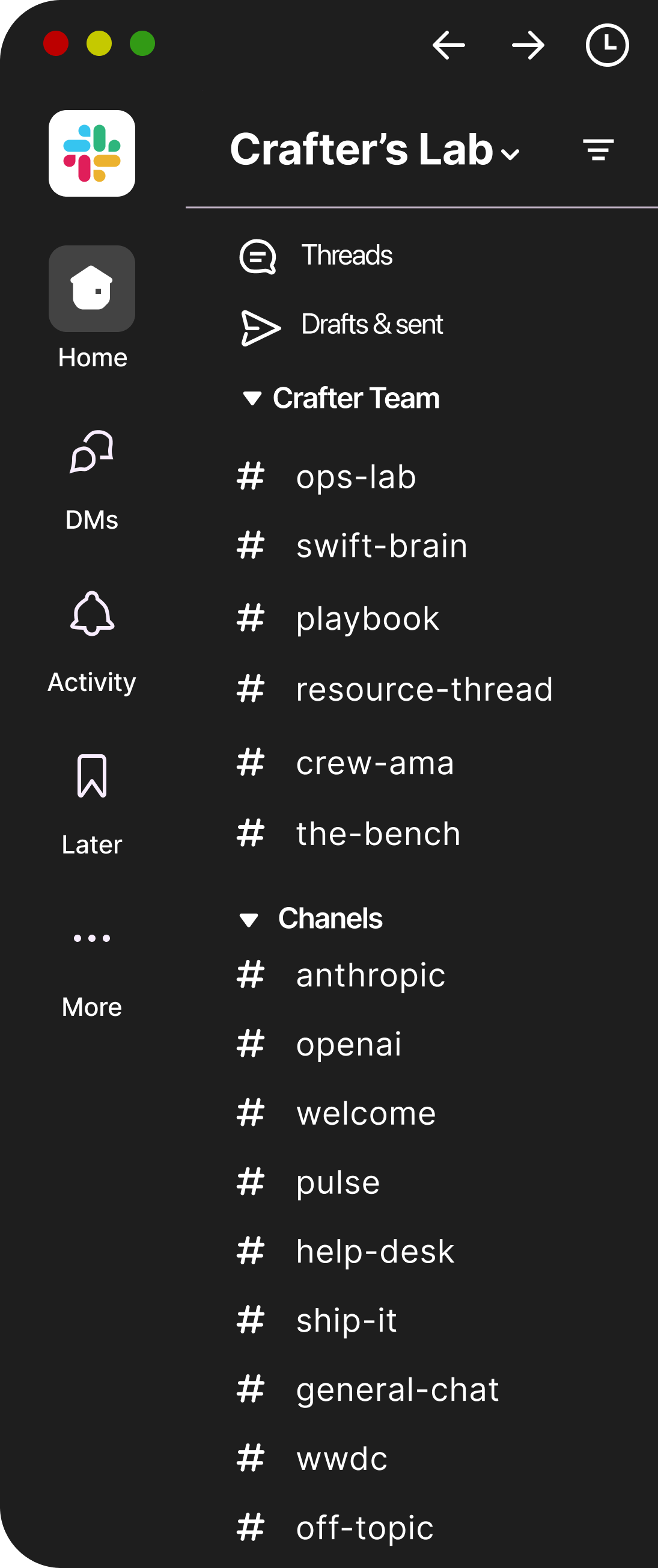 Slack workspace where members share progress and talk through their work